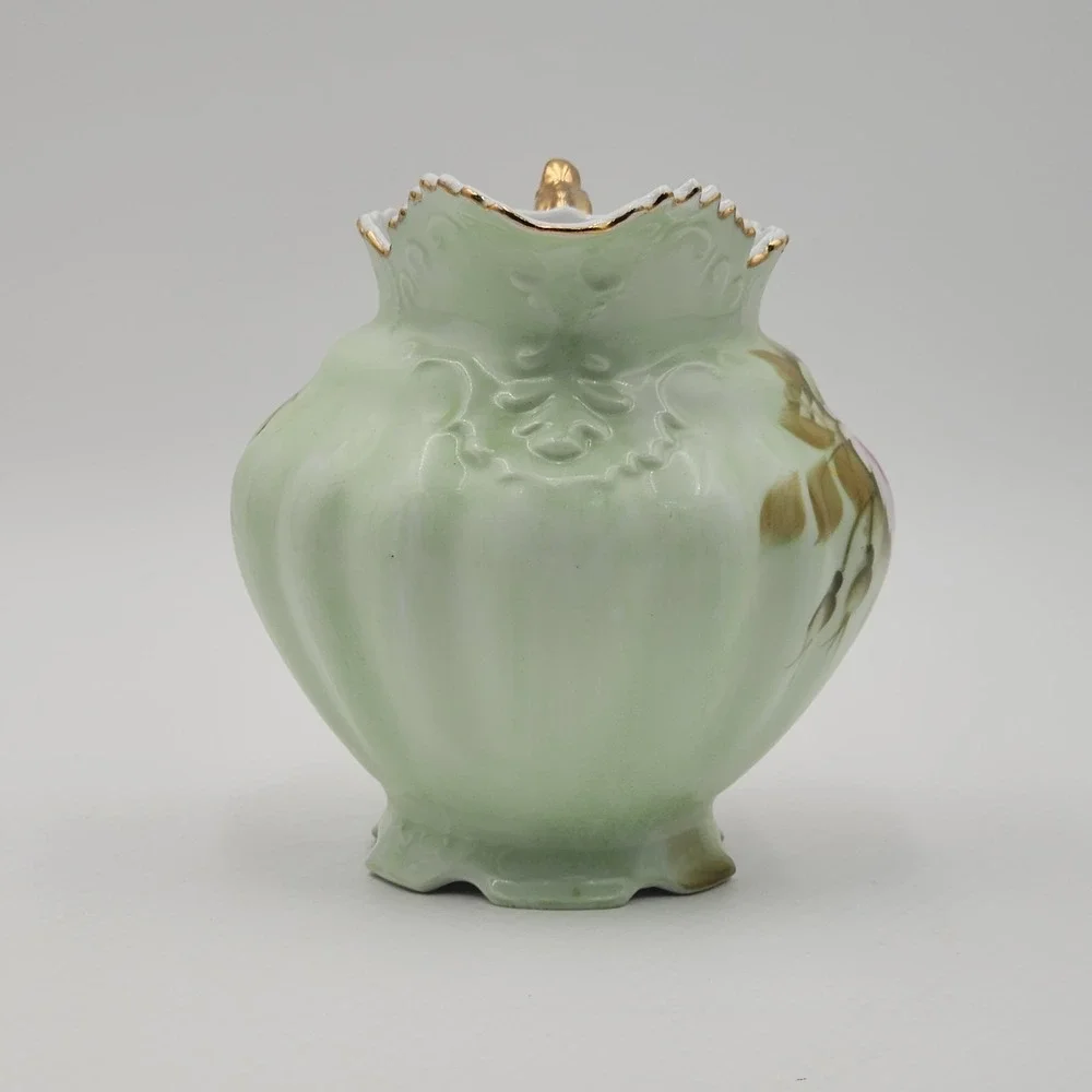 Vintage Lefton Rose Pitcher Hand Painted Green Porcelain Gold Trim 796